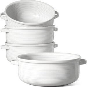 Set of 4 French Onion Soup Bowls with Handles 28 Oz Ceramic Crocks, Oven Safe